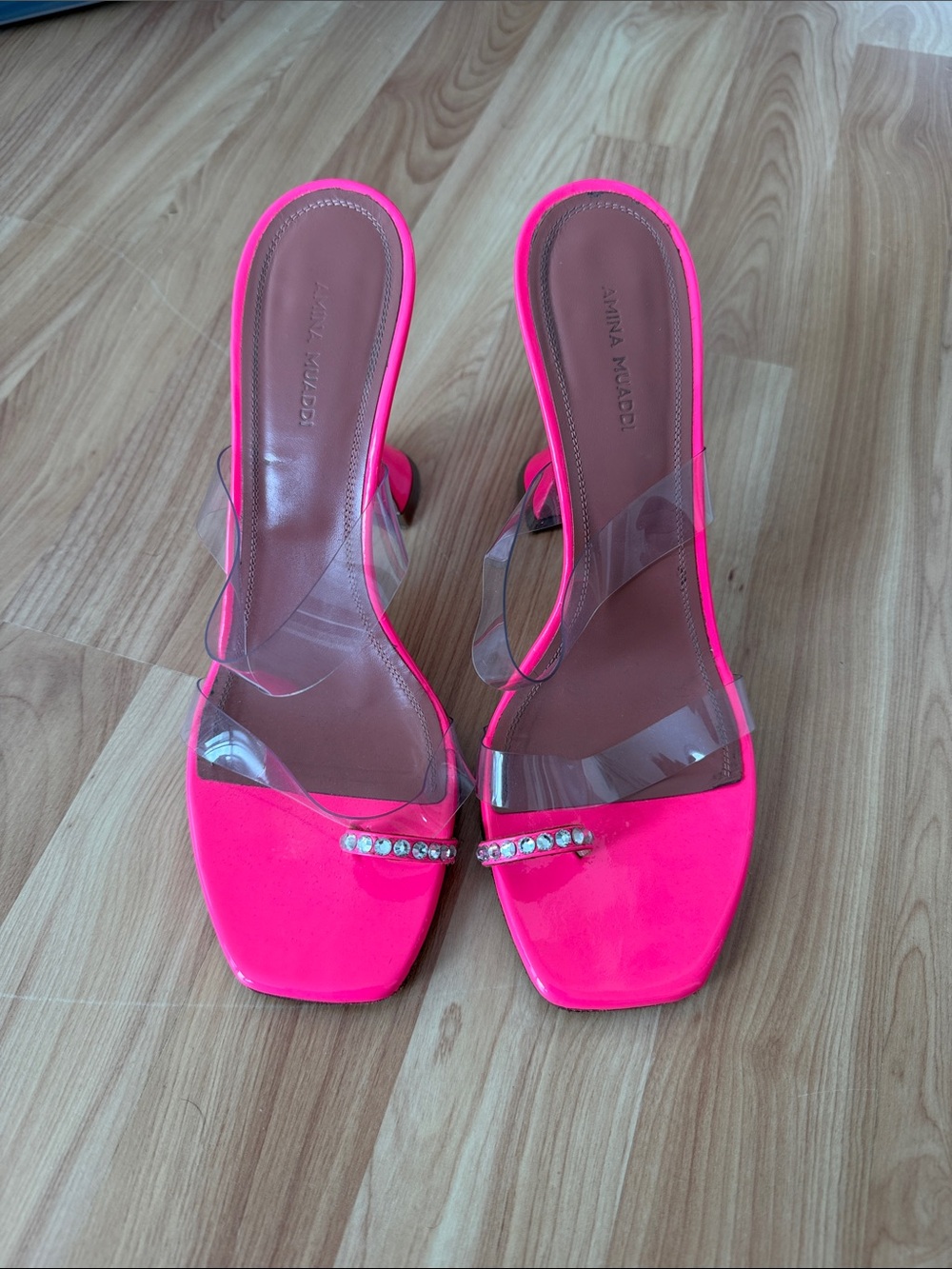 AMINA MUADDI - Sami PVC Crystal Toe Ring Heels - Pink Patent Size 40, fits a 9